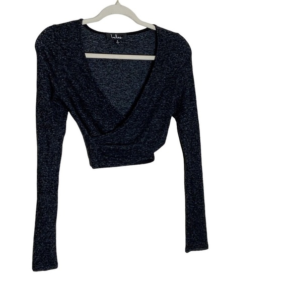 Lulus marled grey cropped top with surplice neckline and gathered side. Size S - Picture 3 of 6